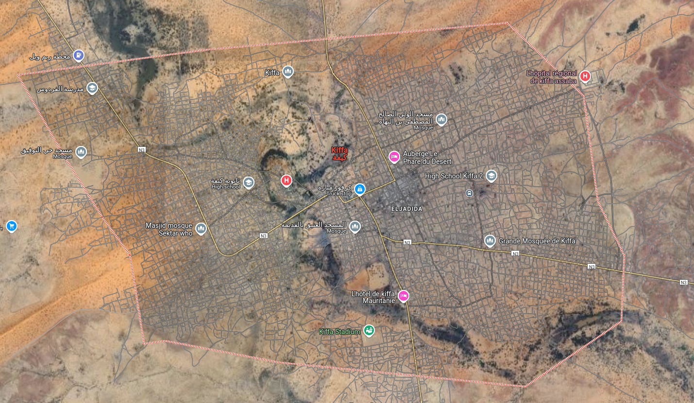 Google Maps view of Kiffa, Mauritania, showing main roads extending from the town