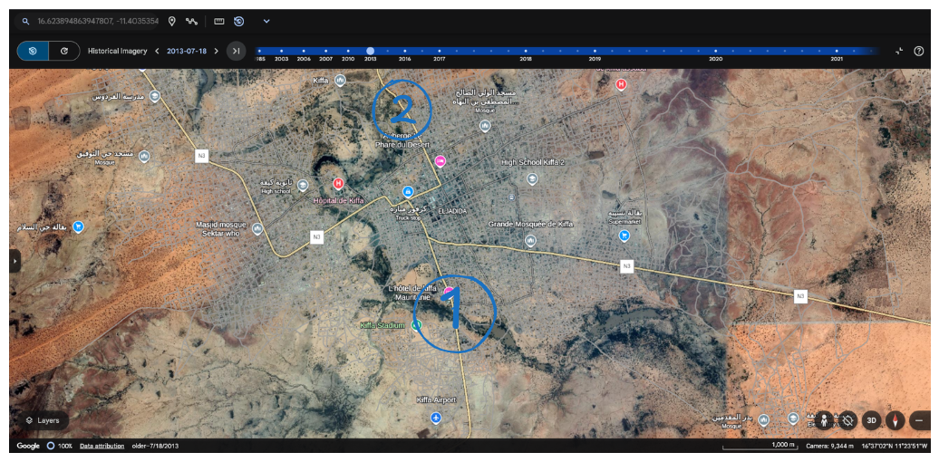 Google Earth Pro view of Kiffa, Mauritania, with areas marked (1 & 2) highlighting the main roads extending outward from the town