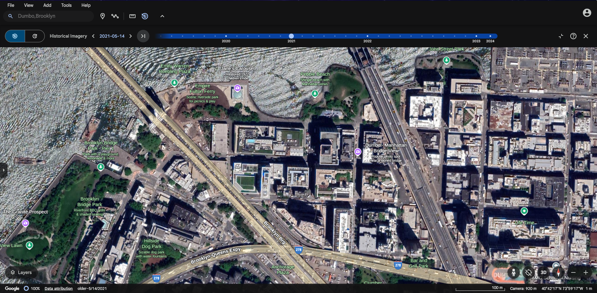 Google Earth Pro view of Dumbo neighborhood with historical data