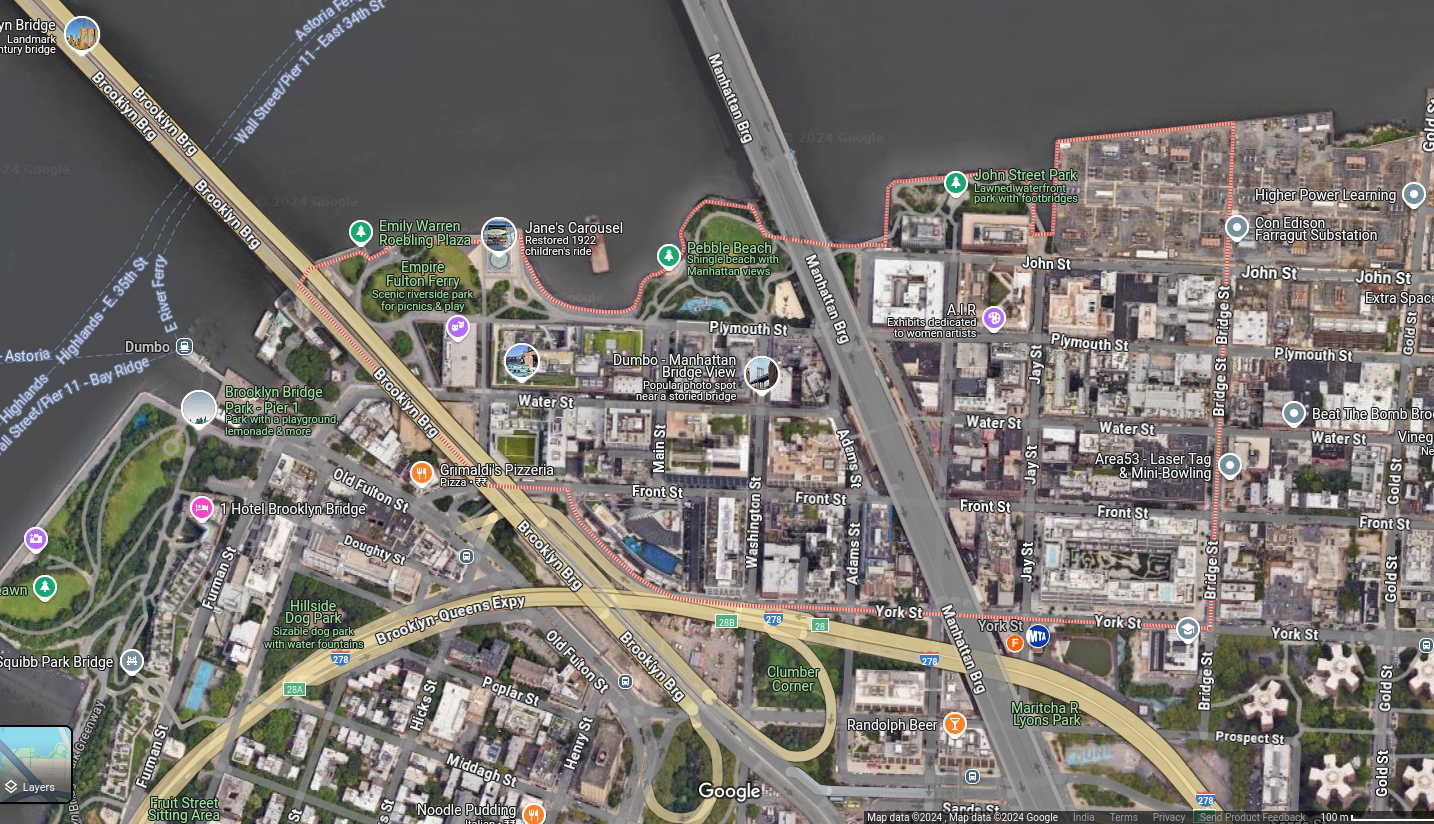 Google Maps view of Dumbo, Brooklyn neighborhood with red boundary highlighting the area